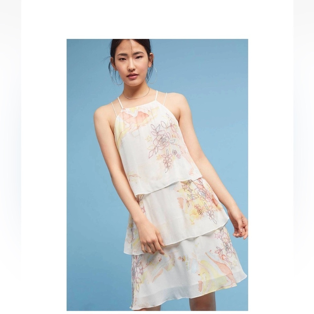 Anthropologie Tiered & Beaded Floral Dress 0P Not So Serious Pallavi Mohan